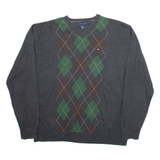 TOMMY HILFIGER Mens Patterned Jumper Grey Argyle V-Neck Tight Knit XL