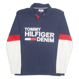 TOMMY HILFIGER DENIM Mens Polo Shirt Blue 90s Colourblock Long Sleeve L