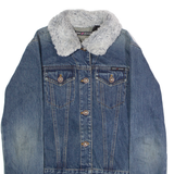 DKNY Faux Fur Trim Womens Denim Jacket Blue S