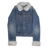 DKNY Faux Fur Trim Womens Denim Jacket Blue S