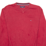 TOMMY HILFIGER Mens Jumper Red V-Neck Tight Knit XL