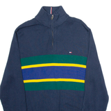 TOMMY HILFIGER Mens Patterned Jumper Blue Striped 1/4 Zip Tight Knit S