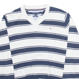 TOMMY HILFIGER Mens Patterned Jumper White Striped V-Neck Tight Knit M