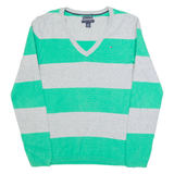 TOMMY HILFIGER Womens Patterned Jumper Grey Striped V-Neck Tight Knit S