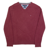 TOMMY HILFIGER Mens Jumper Maroon V-Neck Tight Knit S