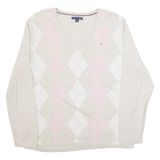 TOMMY HILFIGER Womens Patterned Jumper Beige Argyle V-Neck Tight Knit XL