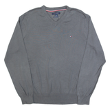 TOMMY HILFIGER Mens Jumper Grey V-Neck Tight Knit L