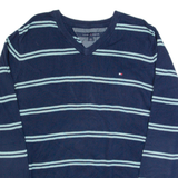 TOMMY HILFIGER Mens Patterned Jumper Blue Striped V-Neck Tight Knit L