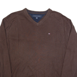 TOMMY HILFIGER Mens Jumper Brown V-Neck Tight Knit XL