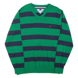 TOMMY HILFIGER Mens Patterned Jumper Green Striped V-Neck Tight Knit XL