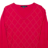 TOMMY HILFIGER Womens Jumper Red V-Neck Tight Knit M