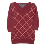TOMMY HILFIGER Womens Patterned Jumper Maroon V-Neck Tight Knit 3/4 Sleeve L