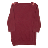 TOMMY HILFIGER Womens Patterned Jumper Maroon V-Neck Tight Knit 3/4 Sleeve L