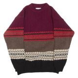 BENETTON Mens Patterned Jumper Maroon Striped Tight Knit Wool M