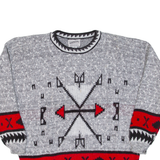 METRICS Mens Patterned Jumper Grey Crazy Pattern 90s Cable Knit M
