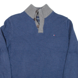 TOMMY HILFIGER Mens Heavy Knit Jumper Blue 1/4 Zip Cable Knit L