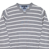 TOMMY HILFIGER Mens Patterned Jumper Grey Striped V-Neck Tight Knit S