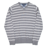 TOMMY HILFIGER Mens Patterned Jumper Grey Striped V-Neck Tight Knit S