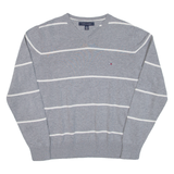 TOMMY HILFIGER Mens Jumper Grey Striped V-Neck Tight Knit S