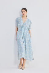 Gathered Maxi Dress with Drawstring in Blue Florals