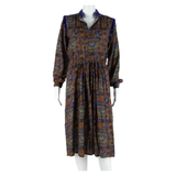 Womens A-Line Dress Brown 90s Crazy Pattern Long Sleeve Midi S
