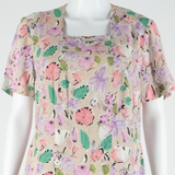 Womens A-Line Dress Pink 90s Floral Short Sleeve Midi L