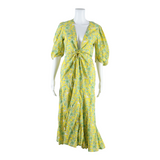RHODE Birds Womens Wrap Dress Yellow Floral Short Sleeve Long XS