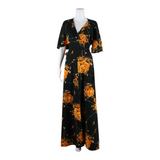 LES'S Belted Womens A-Line Dress Black Floral Long XS