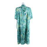 Pleated Lined Womens Shift Dress Green Floral Short Sleeve Long XL