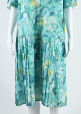 Pleated Lined Womens Shift Dress Green Floral Short Sleeve Long XL