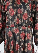 Pleated Womens A-Line Dress Black Floral Long Sleeve Long S