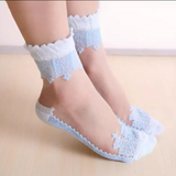 Anyfootwear 5 Pairs Size 5-9 Fashion Socks Summer Lace Embroidery Breathable Silk Transparent Glass Crystal Stretch for Women Sky Blue