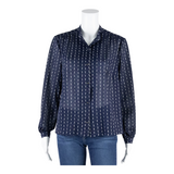 Semi Sheer Womens Shirt Blouse Blue Collared Long Sleeve Floral L