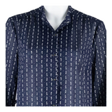 Semi Sheer Womens Shirt Blouse Blue Collared Long Sleeve Floral L