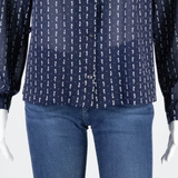 Semi Sheer Womens Shirt Blouse Blue Collared Long Sleeve Floral L