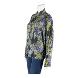 Womens Printed Blouse Grey Collared Long Sleeve 90s Floral UK 12
