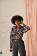 Organic cotton women blouse - Charcoal Wildflowers