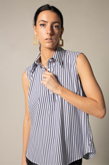Olivia Sleeveless Blue Stripe Blouse – Italian Cotton Women’s Top