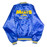 PLA JAC BY DUNBROOKE Village Meats And Deli Mens Bomber Jacket Blue Satin Nylon 80s USA L