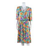 CV Womens A-Line Dress Green Floral Short Sleeve Midi M