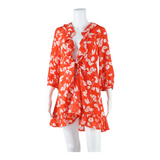 RIXO Sheer Womens Wrap Dress Red Silk Floral Long Sleeve Short XS