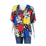 Womens Printed Shirt Black V-Neck Off Shoulder Crazy Pattern UK 12