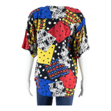 Womens Printed Shirt Black V-Neck Off Shoulder Crazy Pattern UK 12