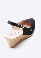 Palomera Black Canvas Slingback Women Espadrille Wedge Buckle Detail