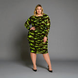 Boudicca Neon Lime Camouflage Ruched Midi Dress Inclusive Plus Size up to UK 26 / US 22