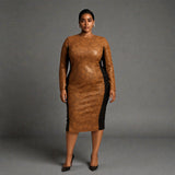 Women's Plus Size Black Brown Chocolate Snakeskin Animal Print Midi Vegan Leather Dress. Grey Background.