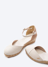 Pubol Beige Canvas Ankle Strap Women Espadrille Low Heel Wedges