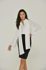 White Long Sleeve Mandarin Blouse w/ Removable Bow