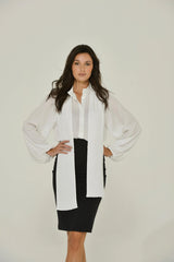 White Long Sleeve Mandarin Blouse w/ Removable Bow