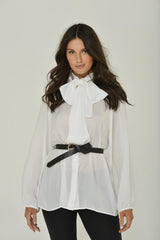 White Long Sleeve Mandarin Blouse w/ Removable Bow